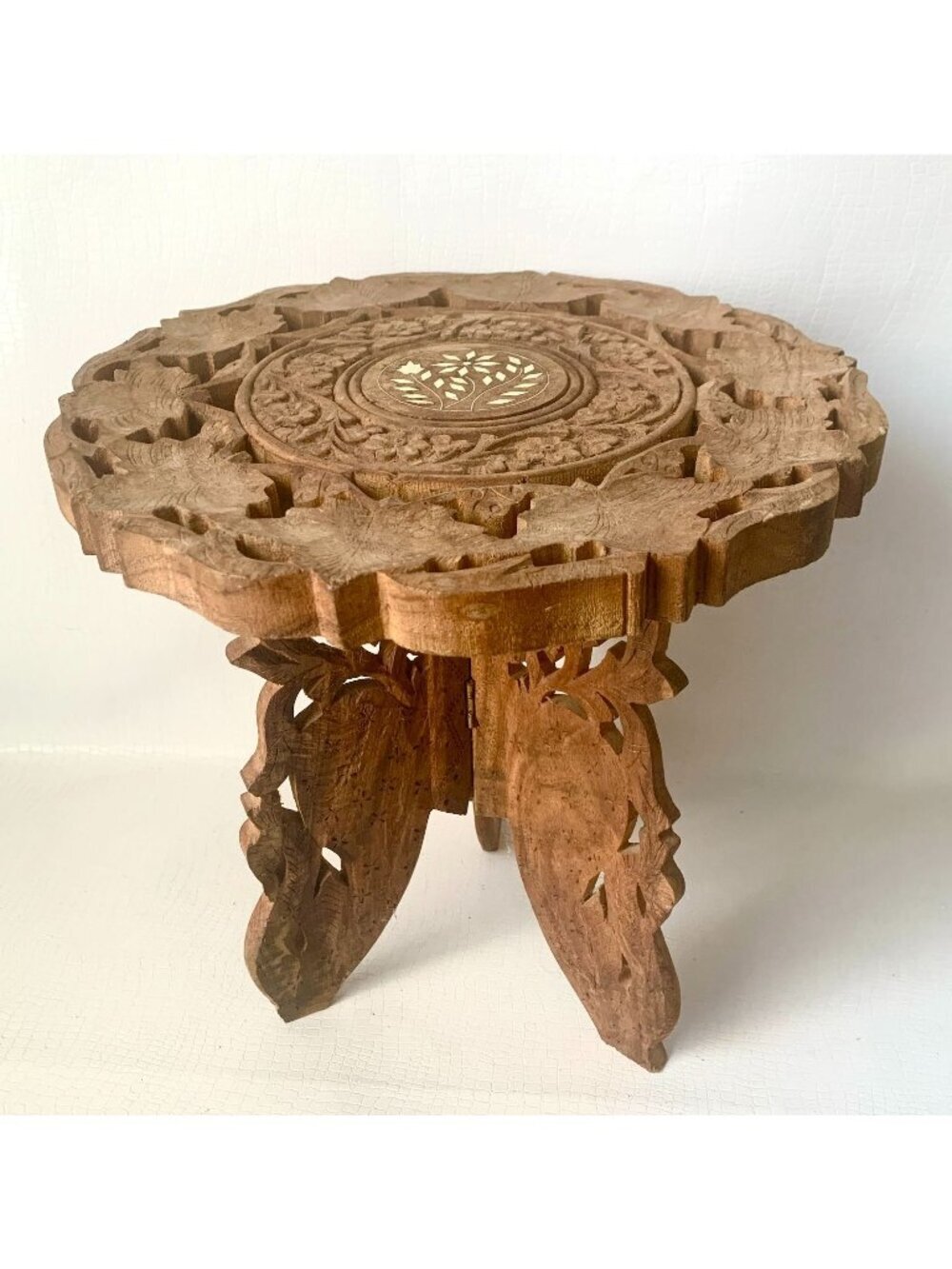 Vintage India Wooden Small Folding Circular Tray Table Plate Dish Charger